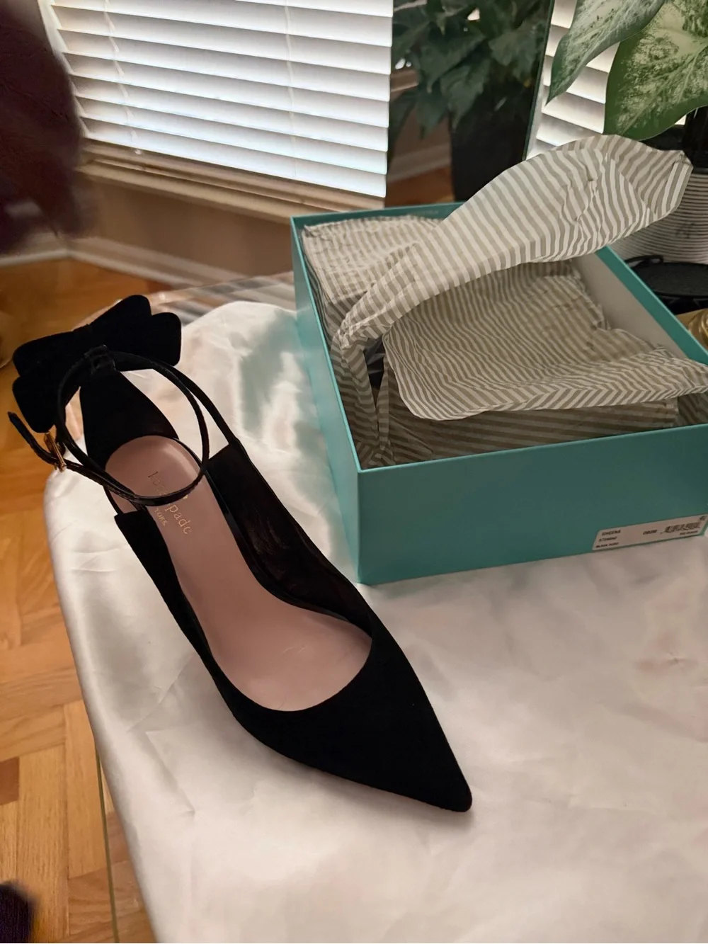 kate spade Black Suede Pointed Bow Ankle-Strap Heels